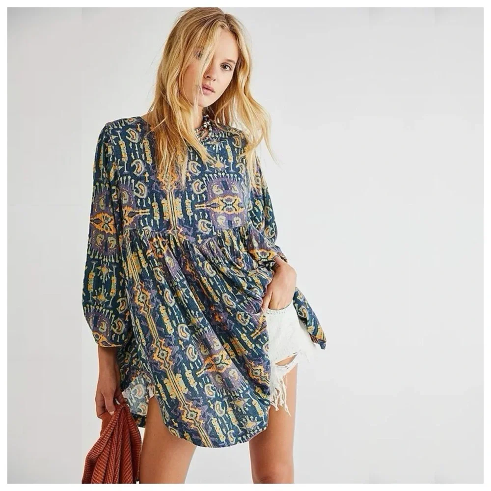 Free People This Is It Tunic Top Sun Faded Print Billowy Dolman Kimono Sleeves